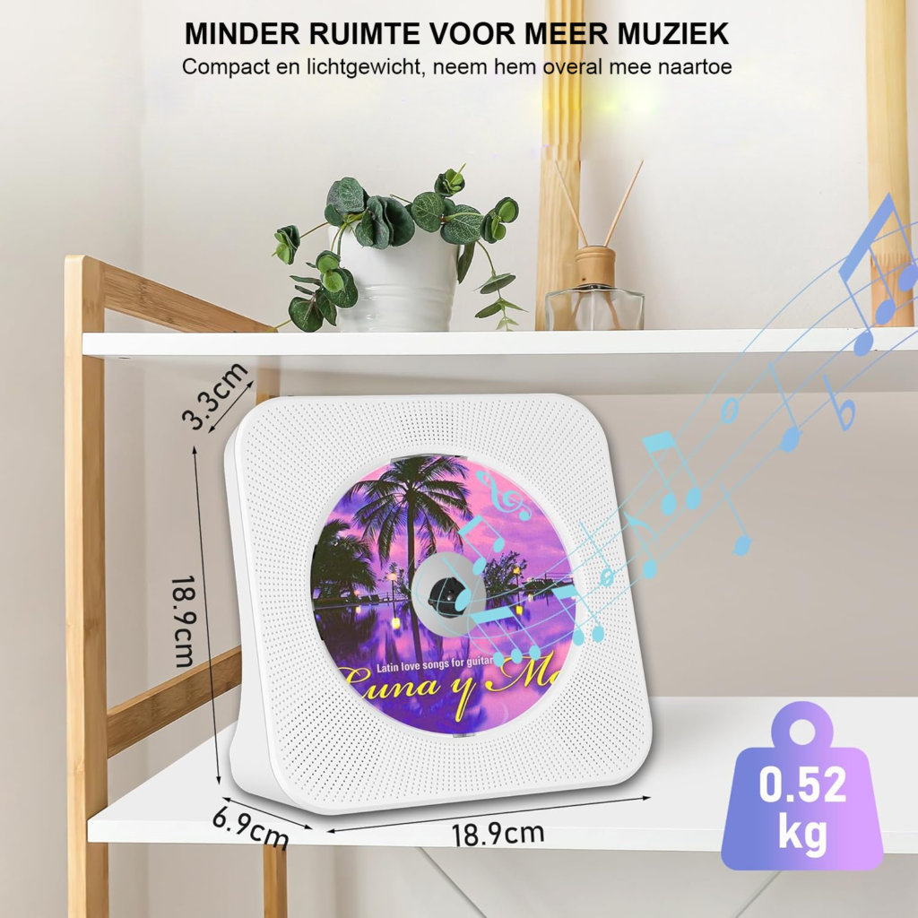 Draagbare CD speler met Bluetooth 5.0, HiFi luidspreker, FM radio, AUX/USB en hoofdtelefoon aansluiting wit