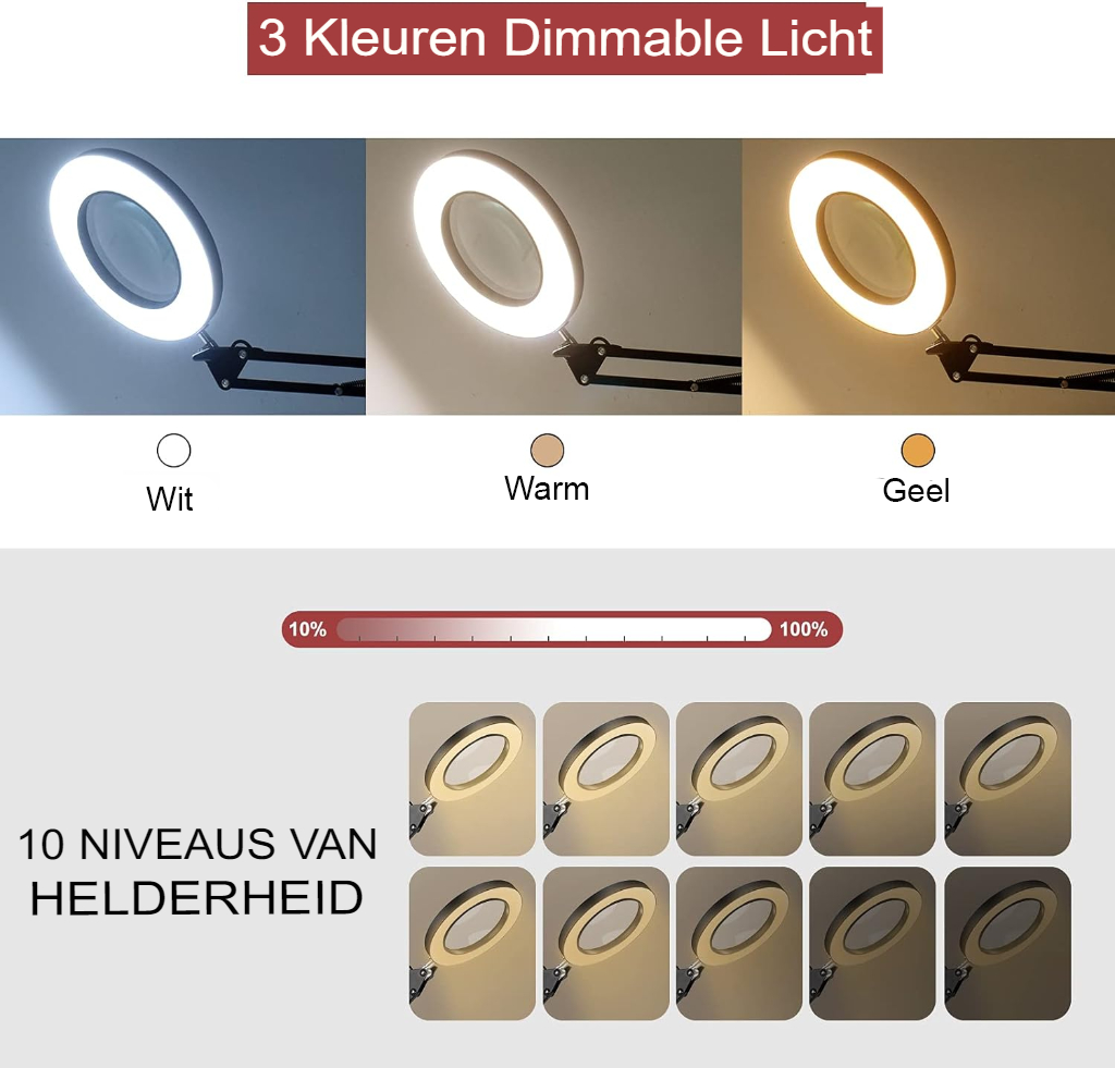 LED leeslamp met vergrootglas en verstelbare helderheid - bureaulamp met oogbescherming voor lezen en detailwerk