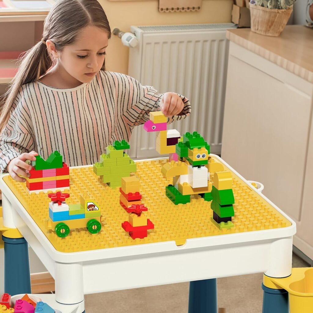 Speeltafel met stoel en bouwblokken set voor kinderen met 130 stuks creatief bouwspeelgoed voor jongens en meisjes