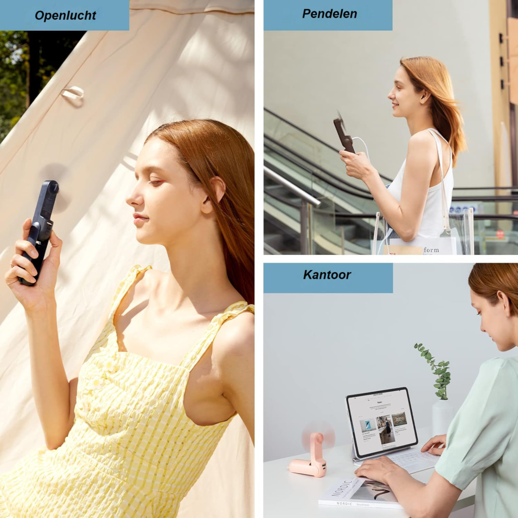 Draagbare mini ventilator 3-in-1 handventilator oplaadbare zakventilator met powerbank en zaklamp functie bruin 14-21 uur werktijd
