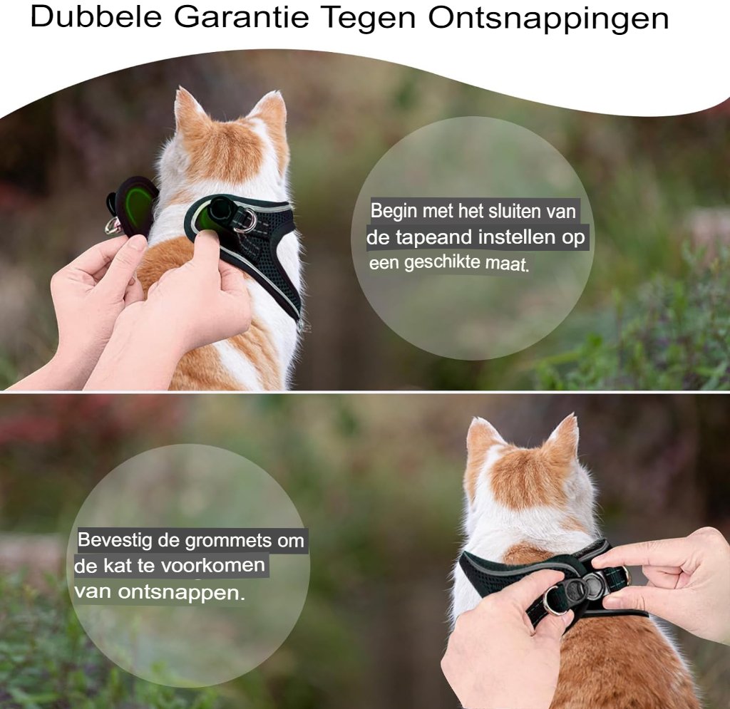 Zwart kattentuigje met looplijn verstelbaar borsttuig voor katten zacht en veilig (maat M)
