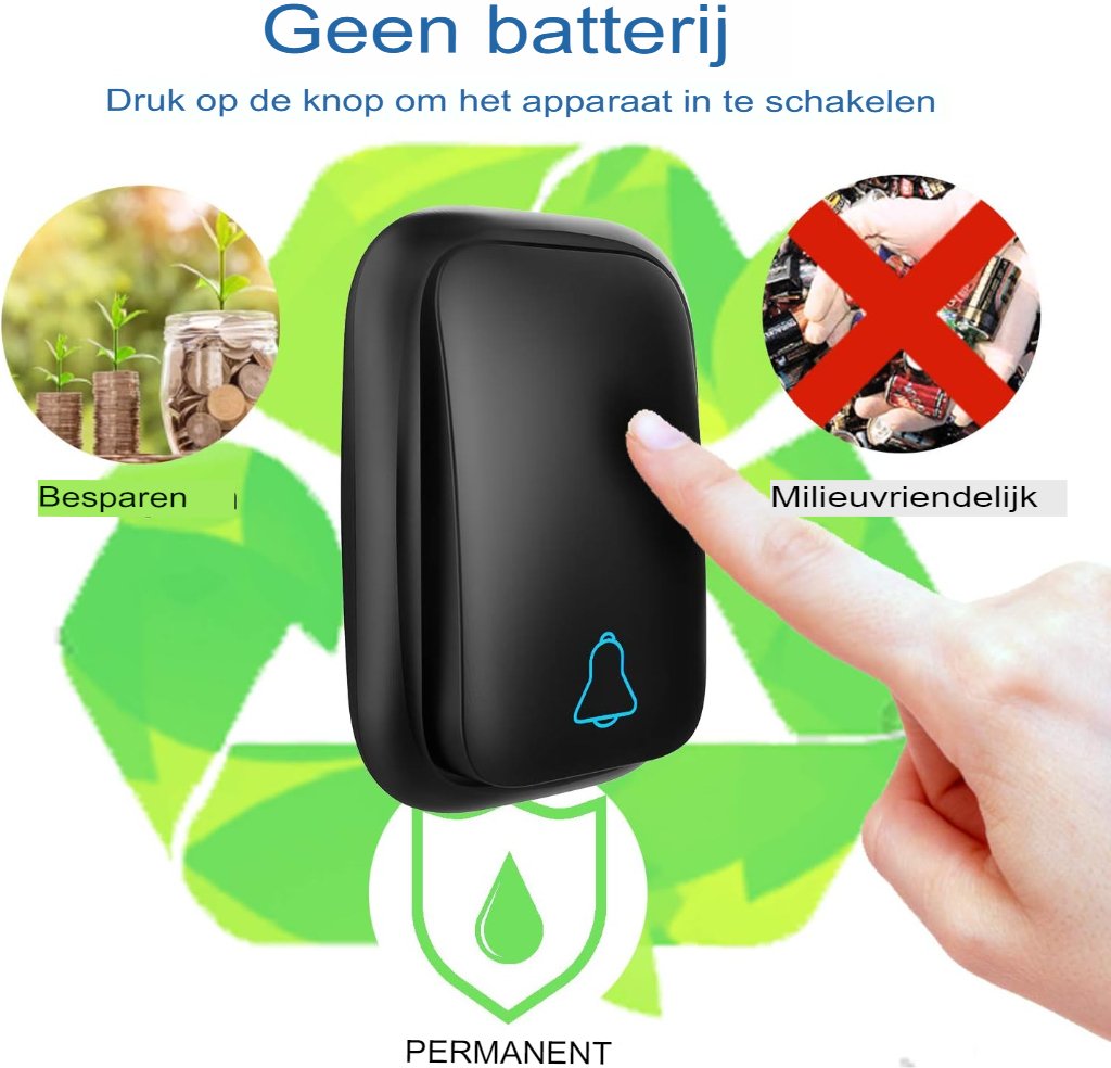 Draadloze deurbel waterdicht met 2 ontvangers, LED-flitslicht, 4 volumeniveaus en 150 m bereik, plug & play wit