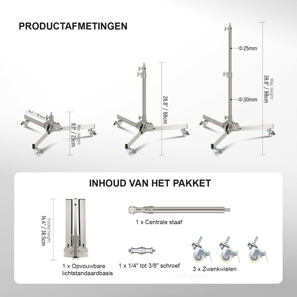 Verstelbaar lichtstatief 180 cm opvouwbaar met flip-lock systeem robuust metaal voor LED ringlamp camera vlog en video-opnames