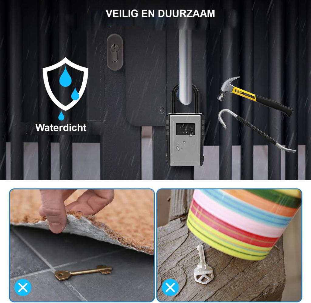 Grote sleutelkast wandmontage met cijfercode weerbestendige sleutelkluis grijs voor veilige opslag van sleutels en ID kaarten binnen en buiten gebruik