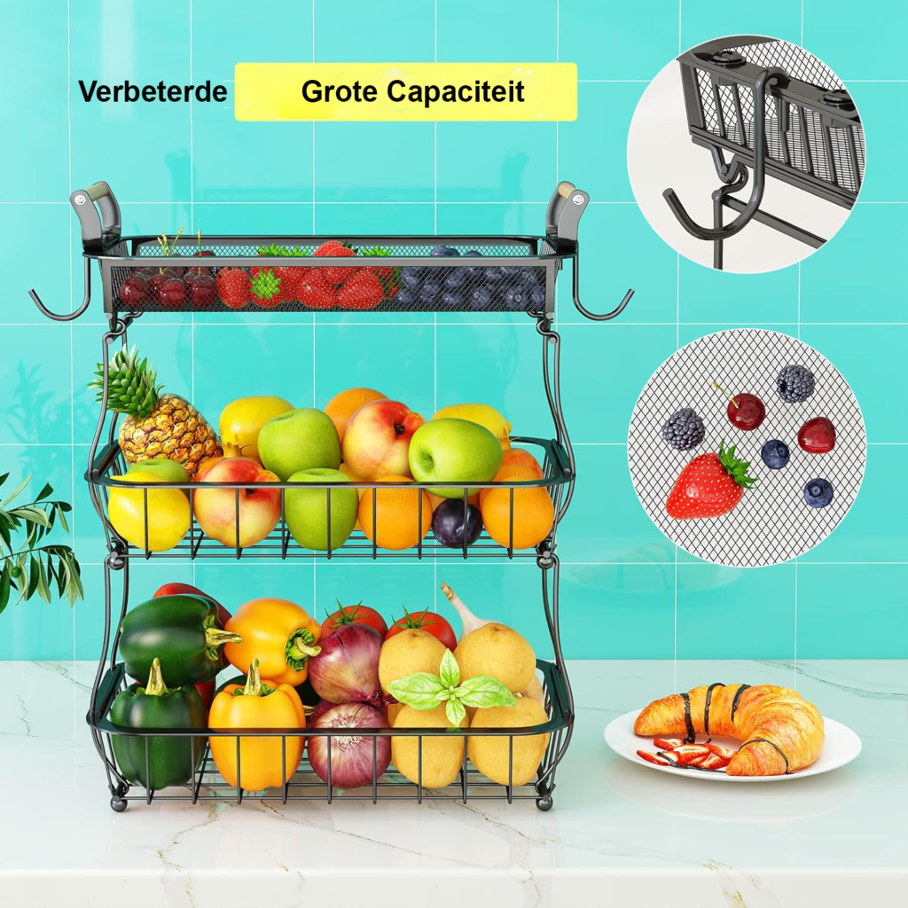 3-laags fruitmand met bananenhouder zwart metalen keukenrek voor fruit groente en snacks