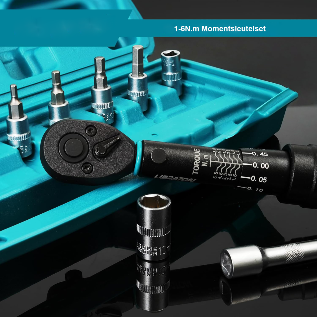 Momentsleutel 1/4 inch 1-6 Nm voor fiets en motorfiets met microinstelling, bitdoppen en verlengstang