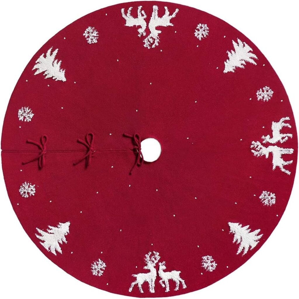 Grote rode gebreide kerstboomrok met 3D elanden en sneeuwvlokken Ø48 inch kerstboomkleed basisbedekking kerstdecoratie