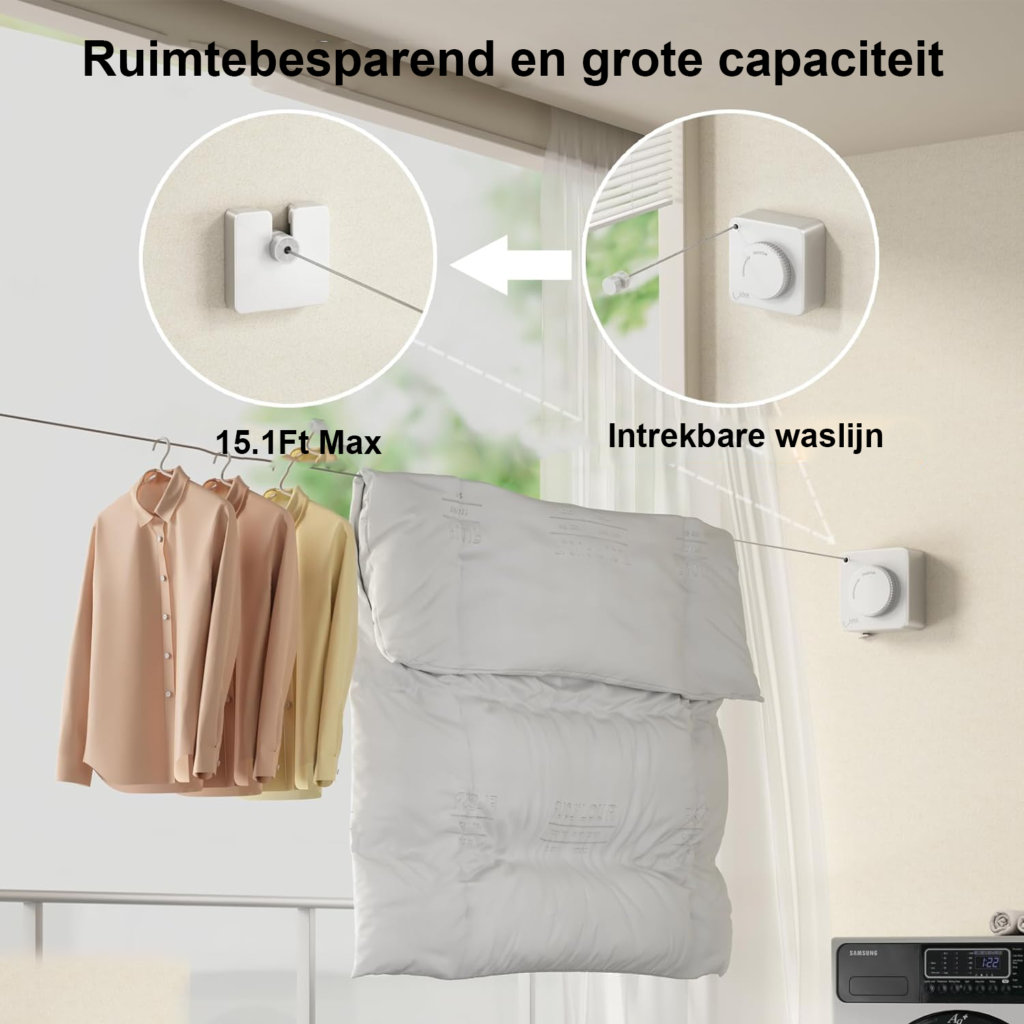 Uittrekbare Waslijn 4,6 Meter - Wandmontage Kledinglijn voor Binnen en Buiten - Roestvrijstalen Drooglijn met Non-Sagging Ontwerp - Zware Uitvoering