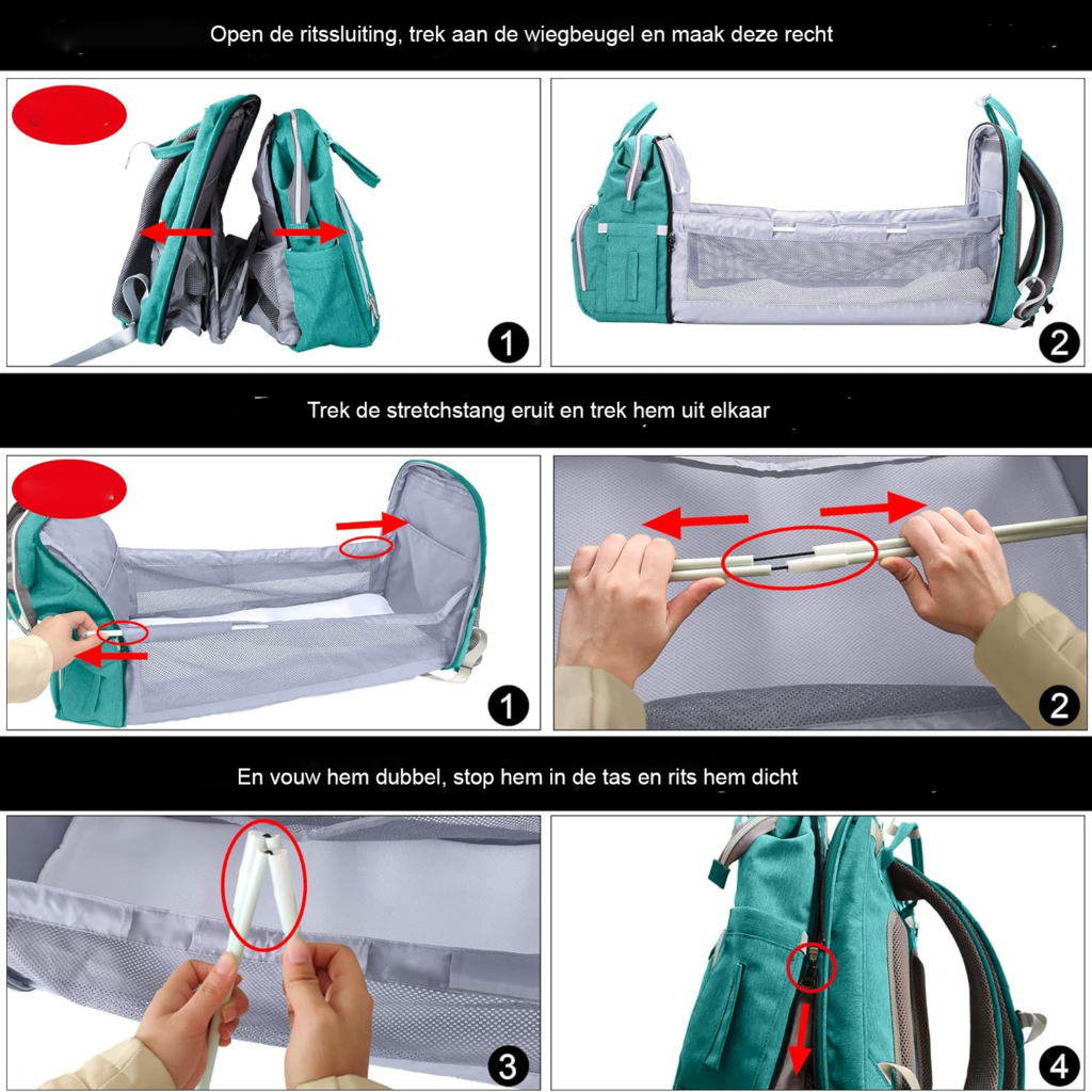 Mintgroene luiertas rugzak met grote capaciteit, opvouwbaar babybed, schaduwdoek en geïsoleerde flessenvakken voor baby's en reizen.