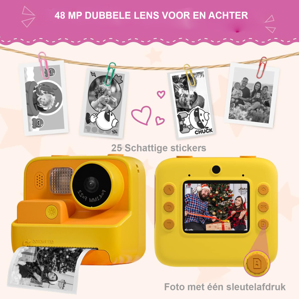 Kindercamera instant print 48MP digitale camera met selfie en 1080p video inclusief 32GB TF kaart speelgoed camera voor kinderen 3-12 jaar
