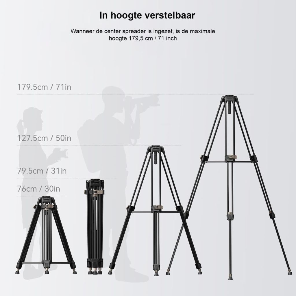 Professioneel aluminium videostatief van 179 cm met 75 mm bowl adapter, geschikt voor DSLR en camera's tot 15 kg draagvermogen