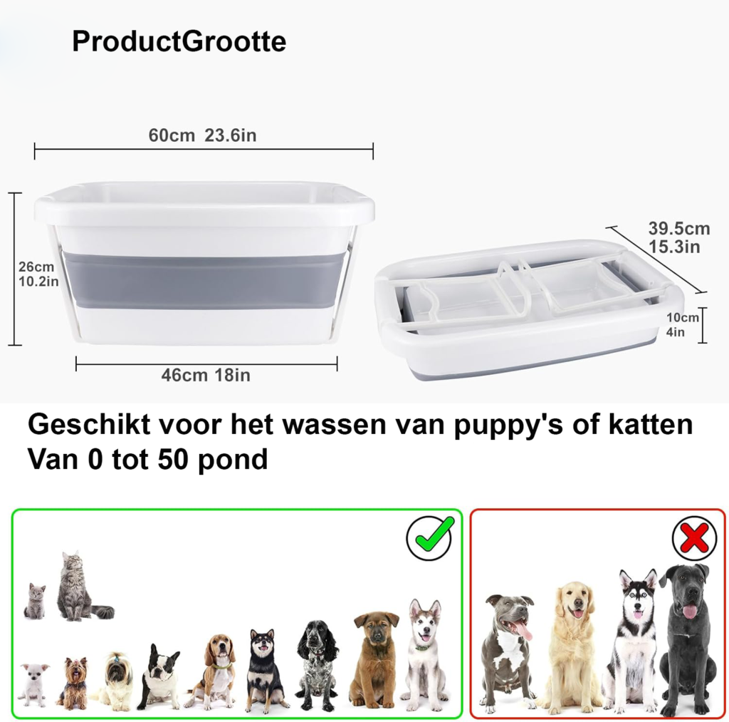 Opvouwbare hondenbadkuip met stevige ondersteuning voor kleine en middelgrote honden en katten in grijs en wit