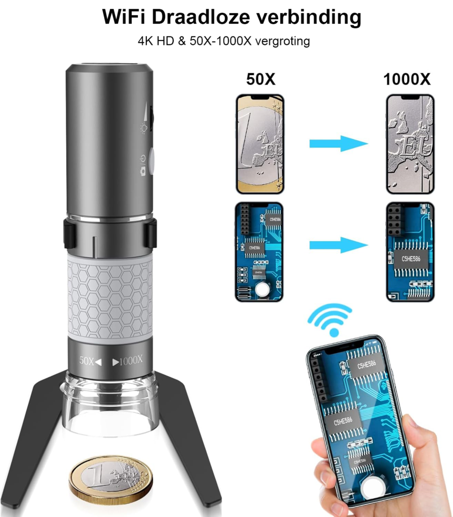 4K WiFi digitale microscoop met metalen standaard draadloze handmicroscoop camera met 3840x2160p vergroting compatibel met iPhone Android Windows en Mac