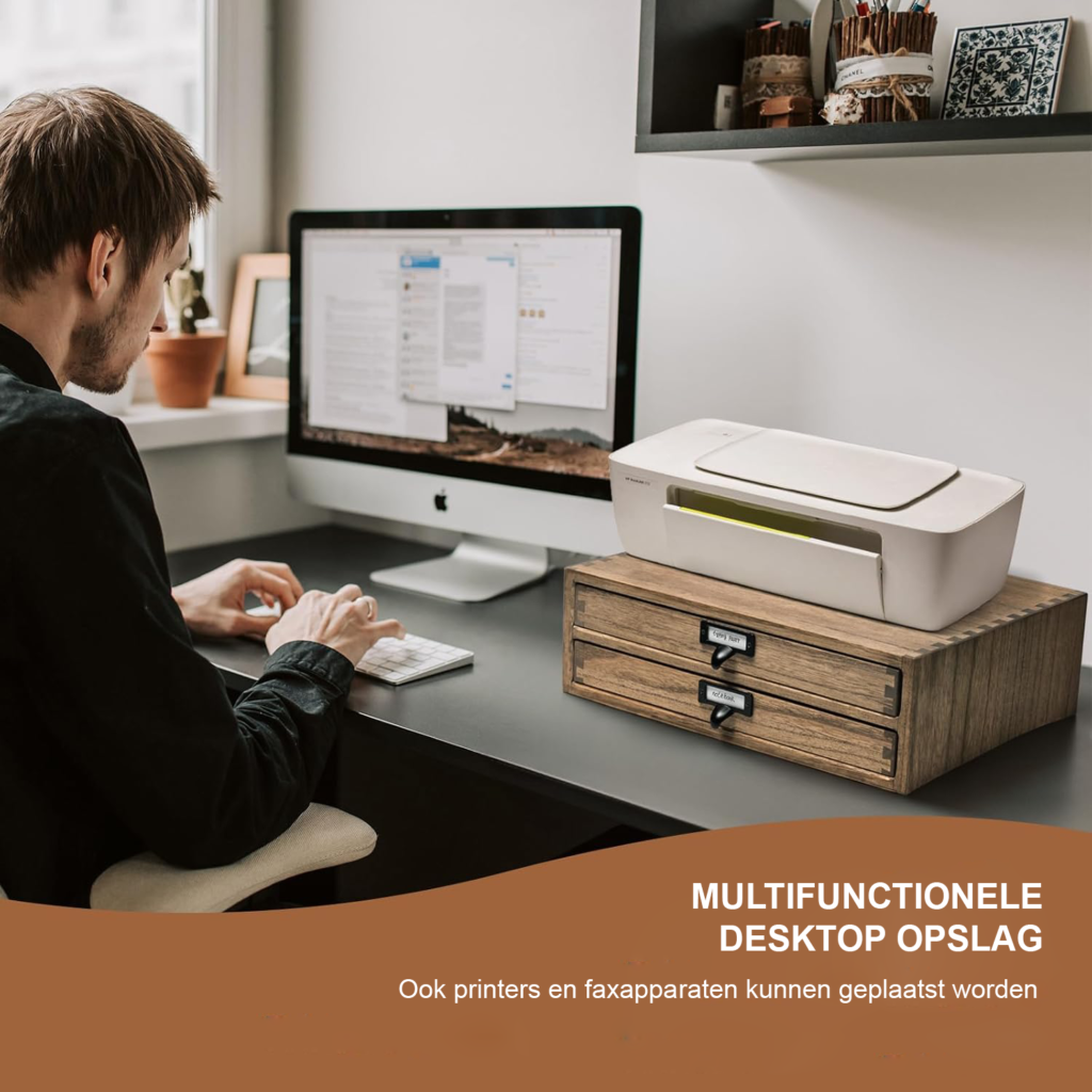 Donkerbruine houten bureau organizer met lades opbergsysteem voor kantoor en printerstandaard compacte bureau opbergdoos