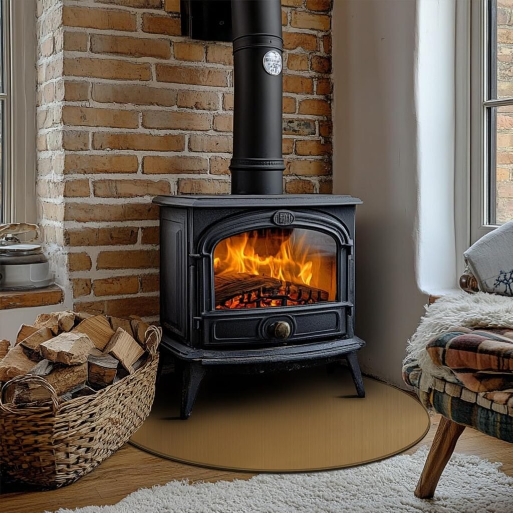 Vuurvaste glasvezel mat 100x100 cm rond onder open haard voor vloerbescherming tegen vonken binnen en buiten bruin