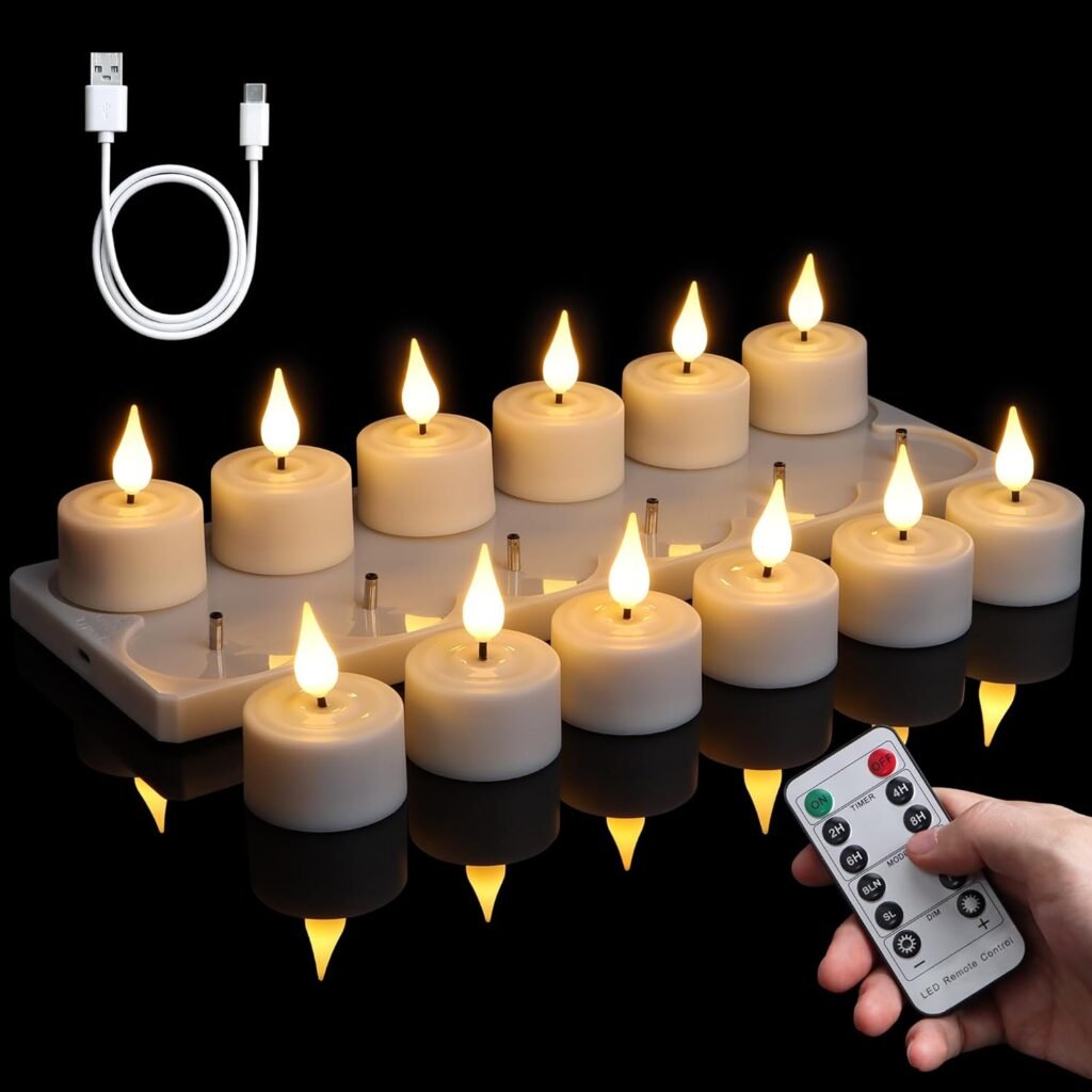 Oplaadbare LED theelichtjes set van 12 met oplaadstation, afstandsbediening, timer, warm wit flicker effect en USB oplaadbare elektrische kaarsen 4x5,5 cm