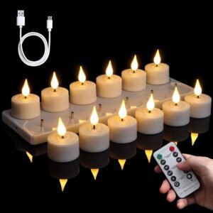 Oplaadbare LED theelichtjes set van 12 – afstandsbediening timer dimbaar warm wit – oplaadstation USB oplaadbaar – 4×5,5 c