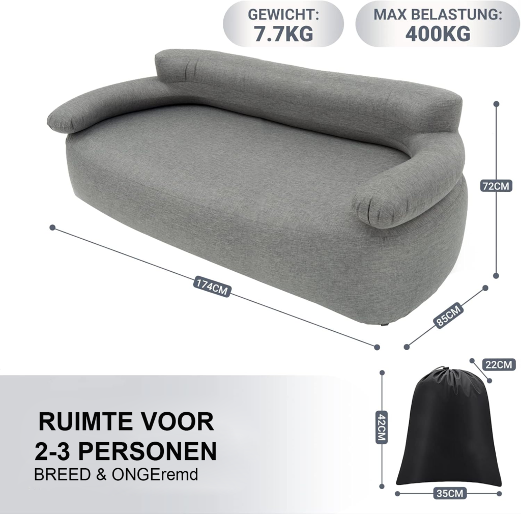 Opblaasbare bank met rugleuning en armleuning - opblaasbare sofa voor camping, strand en binnengebruik, comfortabele loungebank