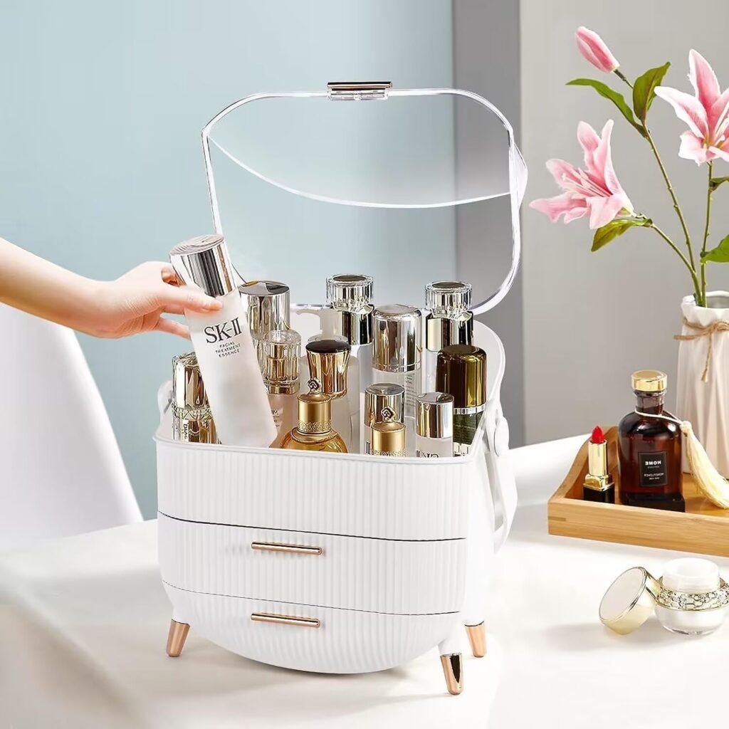 Make-up organizer box met transparante deksel en twee lagen, cosmetica opbergcase met borstelhouder voor badkamer, make-up tafel en reizen.