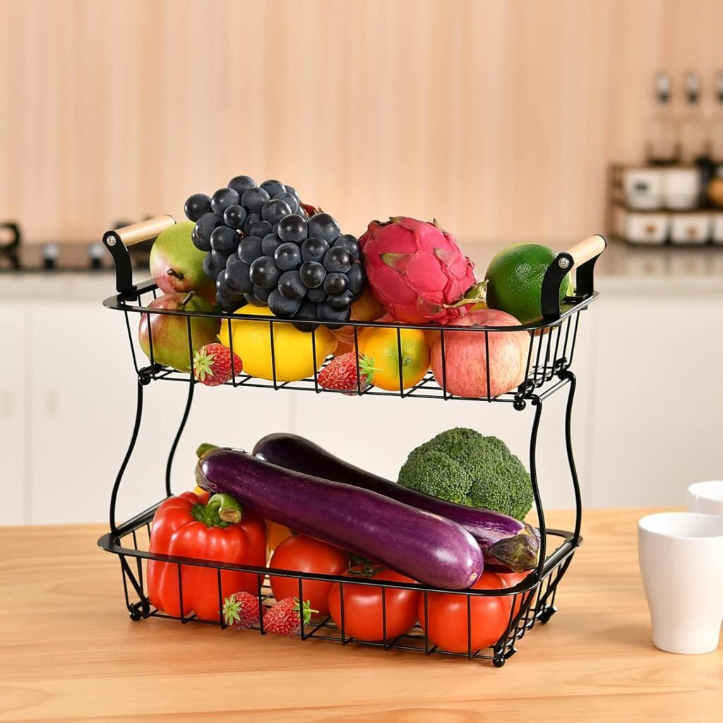 2-laags fruitmand van metaal met houten handvatten, zwarte keuken organizer voor fruit, groenten, brood en snacks 33x17,8 cm.