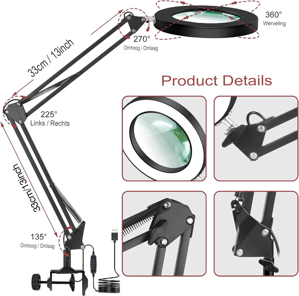 LED leeslamp met vergrootglas en verstelbare helderheid - bureaulamp met oogbescherming voor lezen en detailwerk