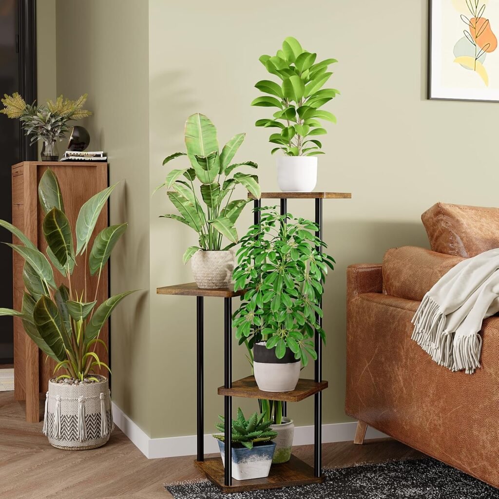 Plantenrek 4 niveaus van zwart metaal met houten planken, hoekmodel voor kamerplanten geschikt voor binnen en buiten zoals balkon, tuin en woonkamer
