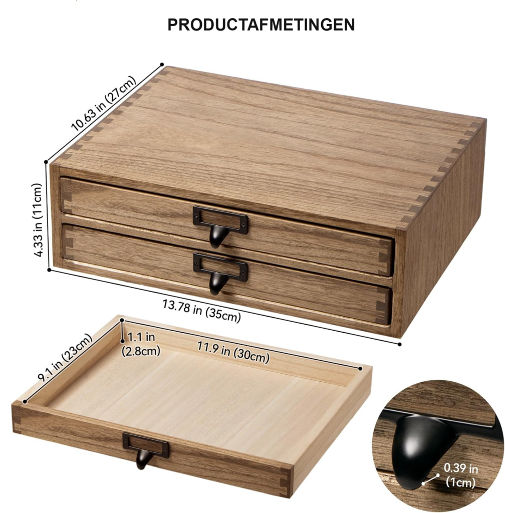 Donkerbruine houten bureau organizer met lades opbergsysteem voor kantoor en printerstandaard compacte bureau opbergdoos