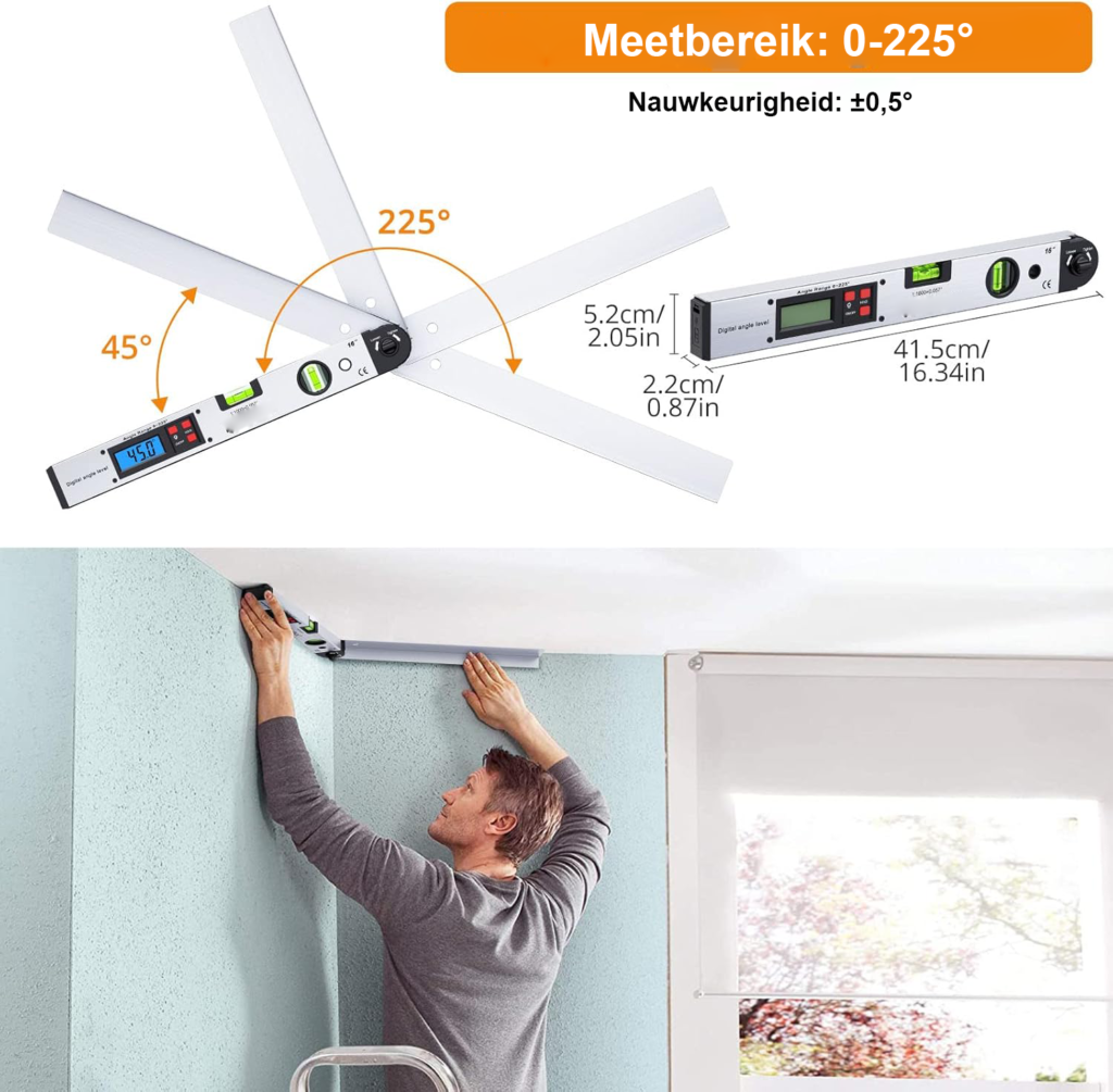 Digitale Hoekmeter van Aluminium - Digitale Gradenboog met LCD Display en Verlichting - Waterpas voor Horizontale en Verticale Metingen - 225° Hoekmeetsysteem 16 Inch