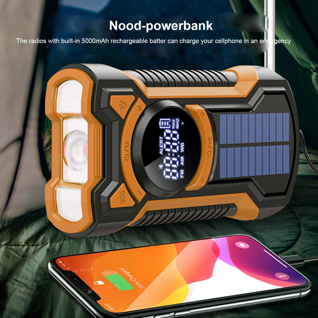 Opwindbare noodradio met Bluetooth speaker 5000mAh – handcrank, zonnepaneel, powerbank – AM/FM radio, SOS alarm, zaklamp voor binnen en buiten