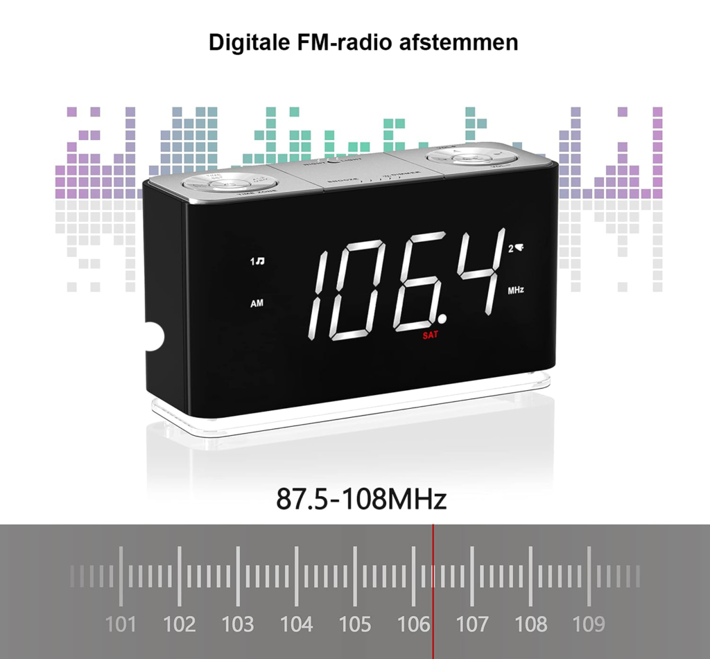 Wekkerradio met digitaal display, dimmerbediening, slaap- en radiotimer en back-up batterij in compact formaat voor nachtkastje.