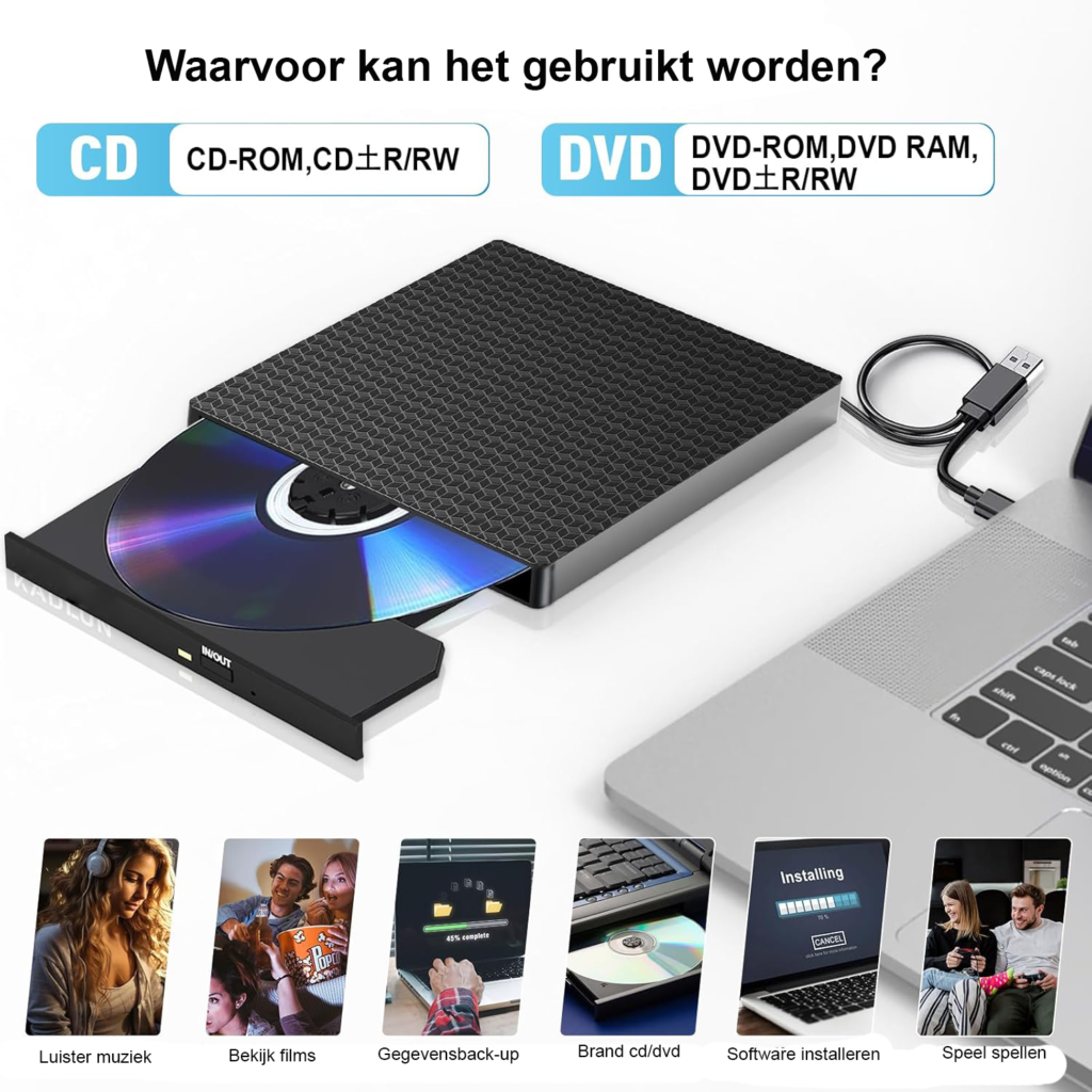 Externe DVD/CD drive USB 3.0 & USB-C - draagbare DVD brander en lezer voor laptop en pc, plug & play compatibel met Windows en Mac OS