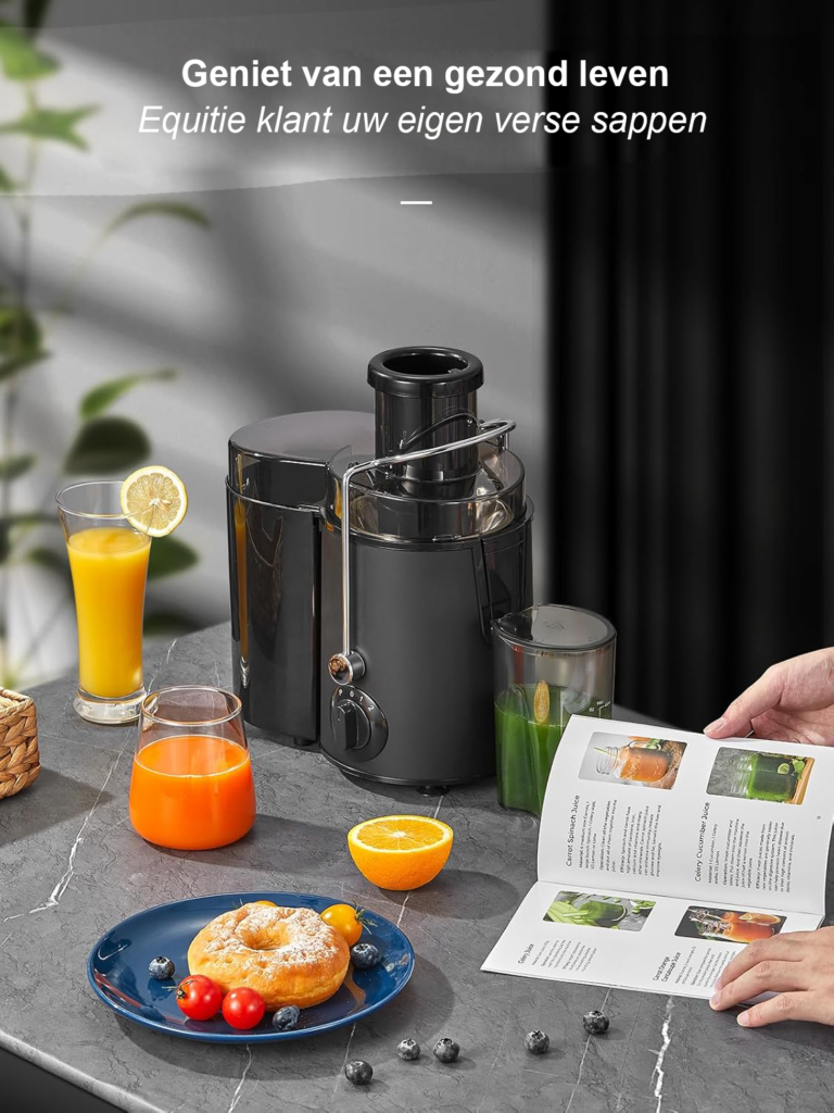 Fruit en groente juicer RVS 400W centrifugaal 65mm vulopening 3 snelheden antidruppel oververhitting bescherming alt tekst