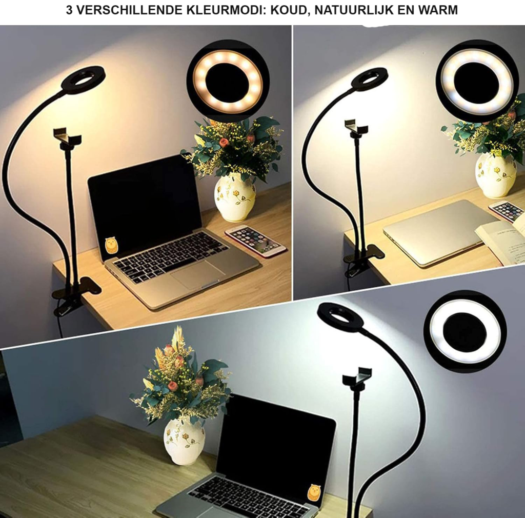 LED ring light 2-in-1 aluminium selfie ringlamp dimbaar bureau lamp voor live streaming make-up fotografie en video-opnames