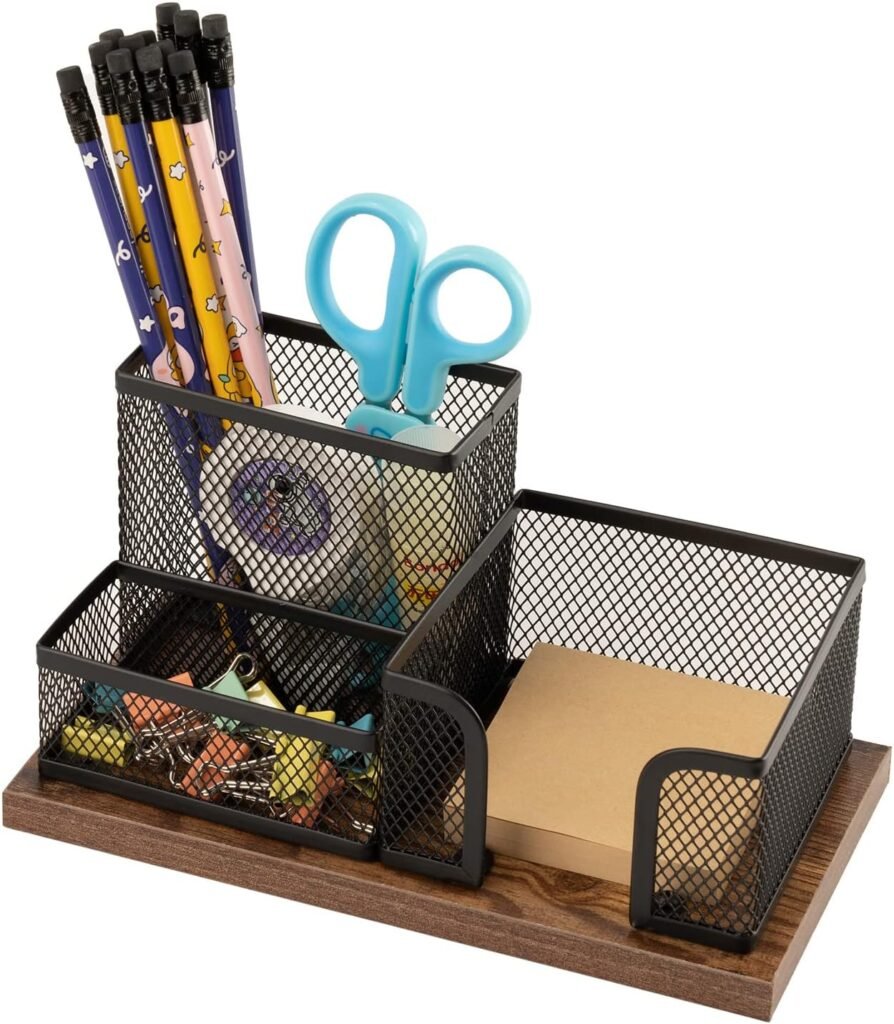 Pennenhouder set hout metaalgaas bureau organizer 3 vakken zwart 2 stuks kantoor opberger notitiehouder