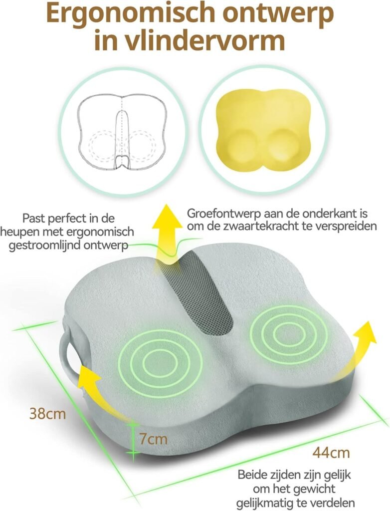 Ergonomisch zitkussen memory foam met coccyx ondersteuning voor bureaustoel auto en rolstoel grijs orthopedisch drukverlagend zitkussen