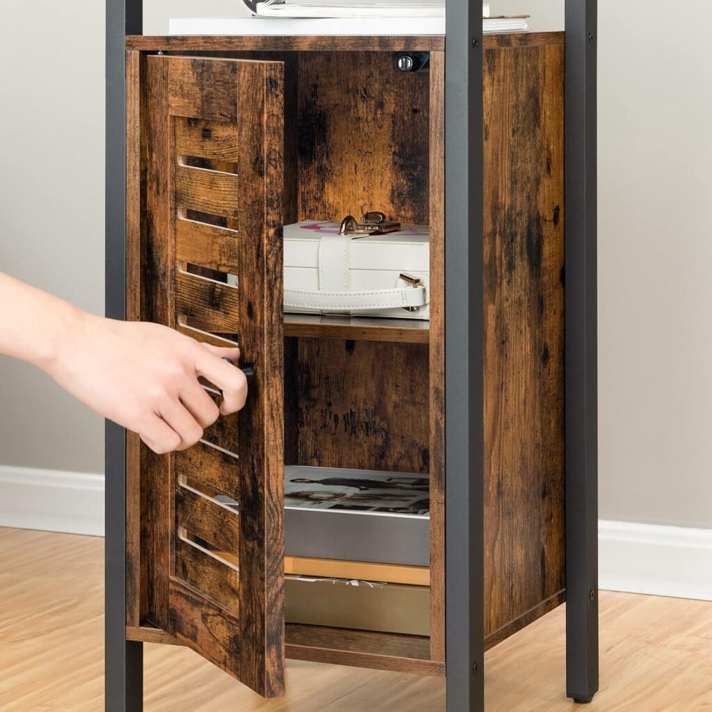 Sideboard kast met lade en verstelbare planken, zijkast met lamellen deur en stalen frame in vintage design voor woonkamer, keuken en badkamer