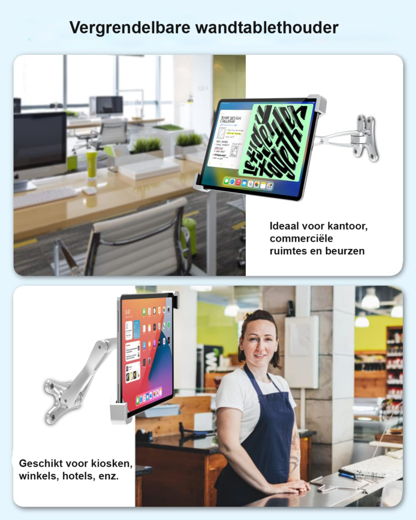 Aluminium tablet muurbeugel met 360 graden draaibare wandhouder en anti-diefstal slot voor 9-14 inch tablets geschikt voor kiosk en POS gebruik
