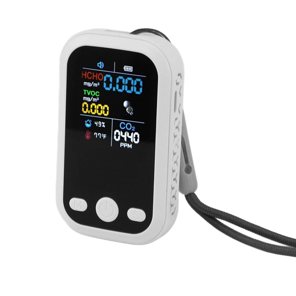 5-in-1 luchtkwaliteitsmeter wit met CO2 sensor, temperatuur- en vochtigheidsmeter voor thuis, kantoor en auto, draagbare luchtmonitor