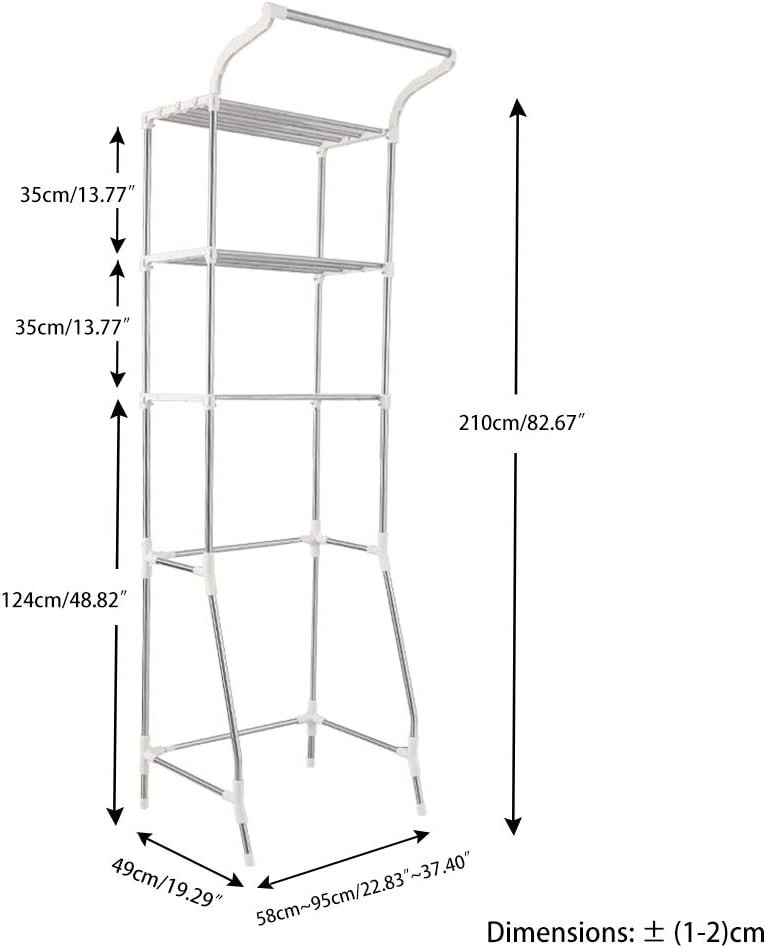 3-laags wasmachine opbergrek met verstelbare breedte en kledinghanger voor badkamer, toilet en wasruimte 58-95 x 49,5 x 210 cm ivoor