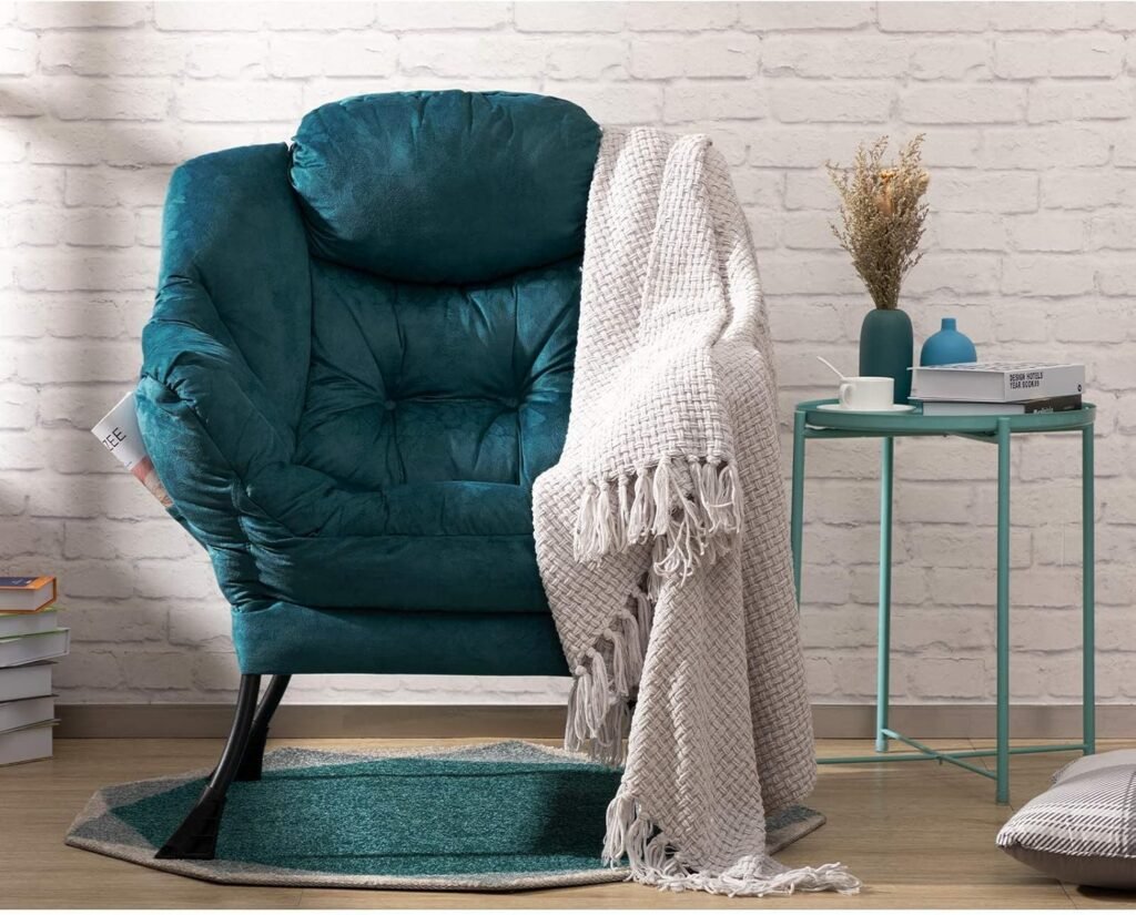 Relaxfauteuil met armleuningen in blauwgroene kleur voor woonkamer, slaapkamer of kantoor met stalen frame en comfortabele zitting