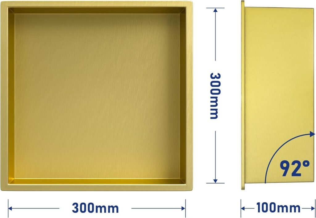 Wandnis douche nis van roestvrij staal met gouden afwerking voor badkameropslag en inbouwnis in douche met afmeting 30x30x10 cm