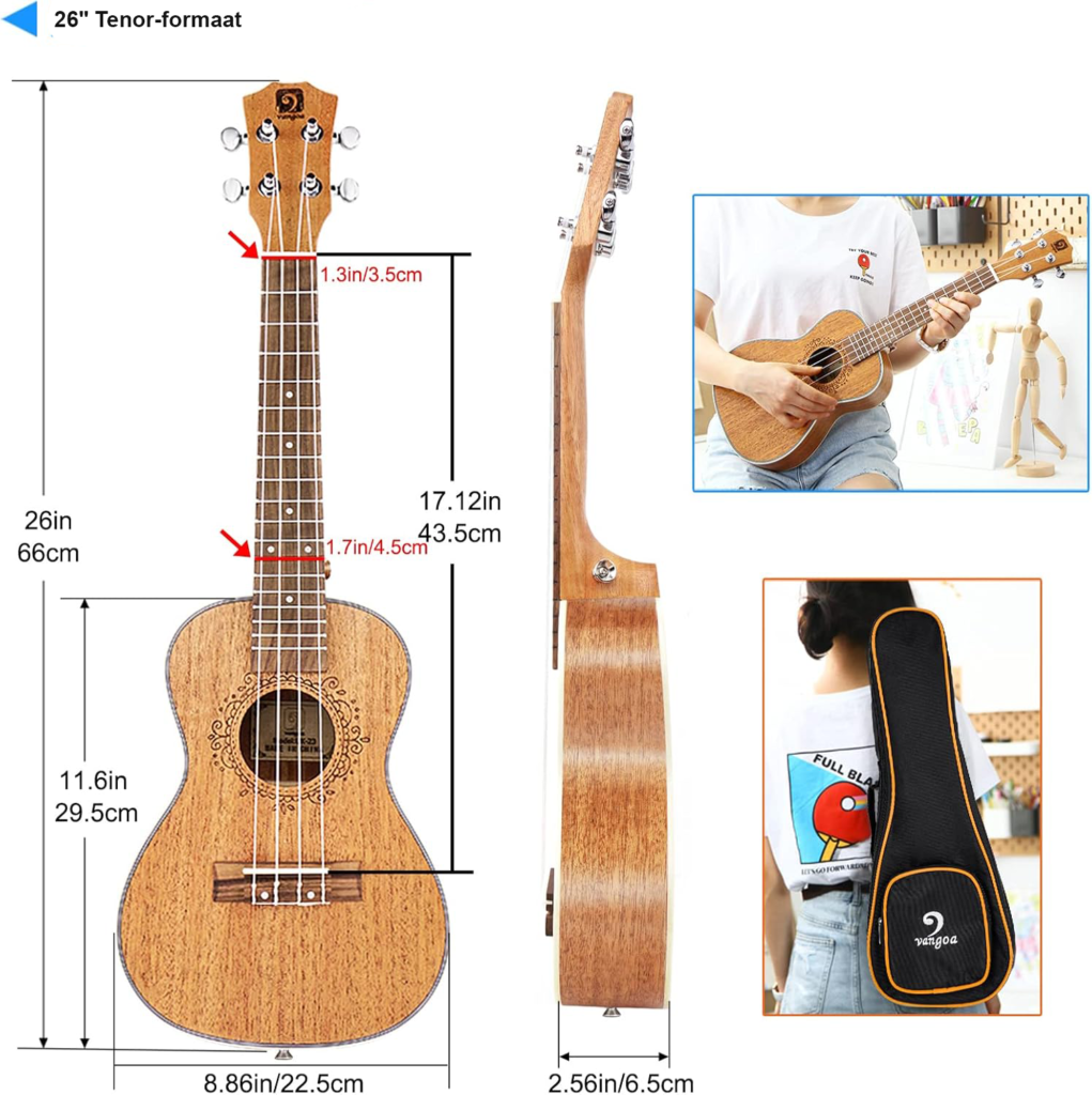 Elektrische tenor ukulele 26 inch massief mahonie hout met 2-bands EQ inclusief draagtas en beginnerskit
