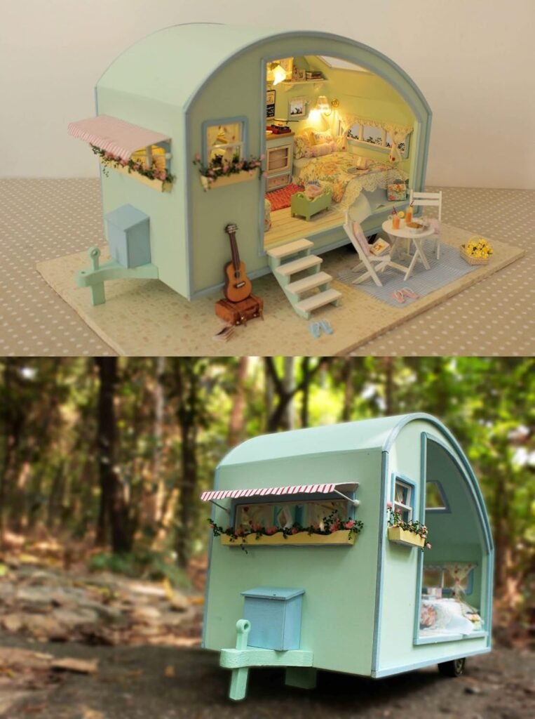 DIY poppenhuis bouwpakket houten miniatuur caravan knutselset met meubels voor volwassenen en kinderen