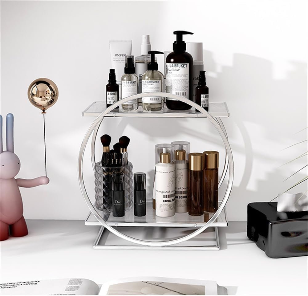Make-up organizer 2 lagen zilver cosmetica en parfum opbergmand badkamer en slaapkamer organizer
