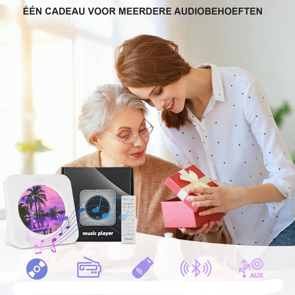 Draagbare CD speler met Bluetooth 5.0, HiFi luidspreker, FM radio, AUX/USB en hoofdtelefoon aansluiting wit