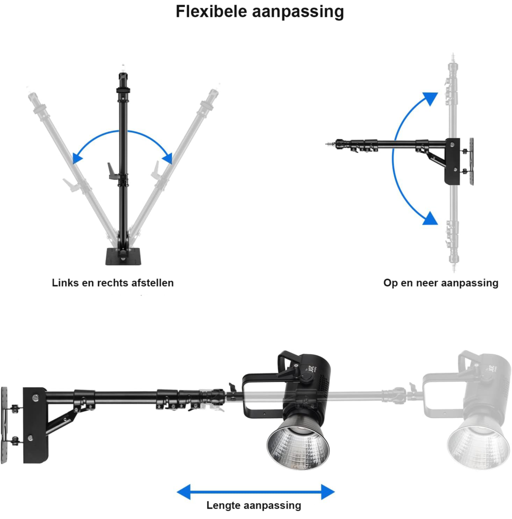 Muurbeugel voor ringlicht en flitslicht met uitschuifbare boomarm en wandmontage voor stabiele studioverlichting en flexibele positionering tijdens fotografie en beautygebruik.