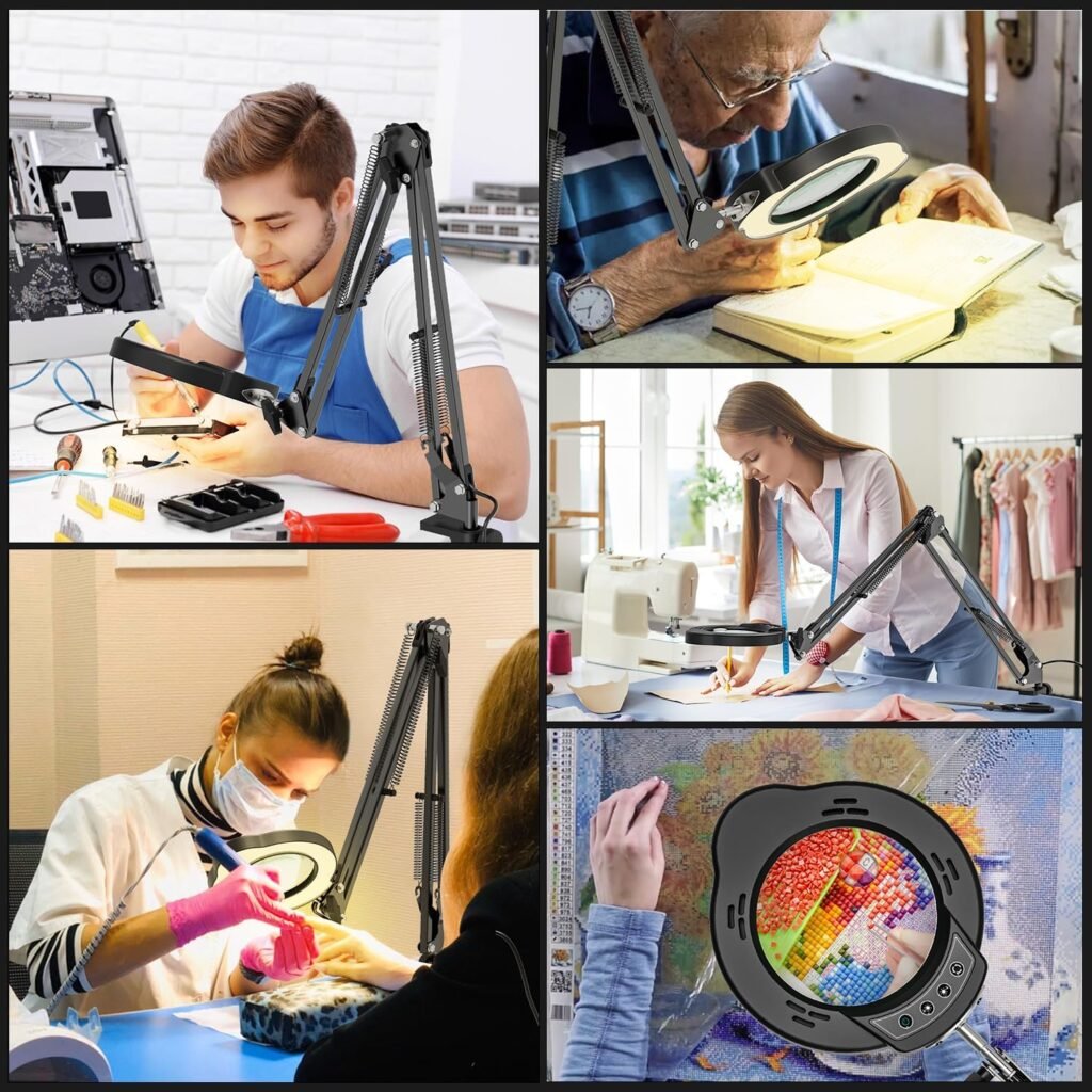 Vergrootglas lamp met klem en LED tafellamp met verstelbare verlichting en vergroting voor hobby, knutselen en reparaties op werkbank