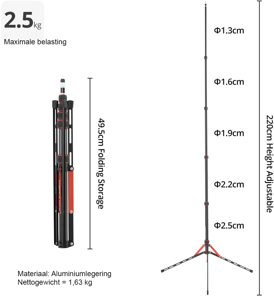 Lichtstatief 220 cm Aluminium - Verstelbaar Tripod Fotografie & Ringlamp - Lichtgewicht Draagbaar Statief - 2.5 kg draagvermogen draagtas