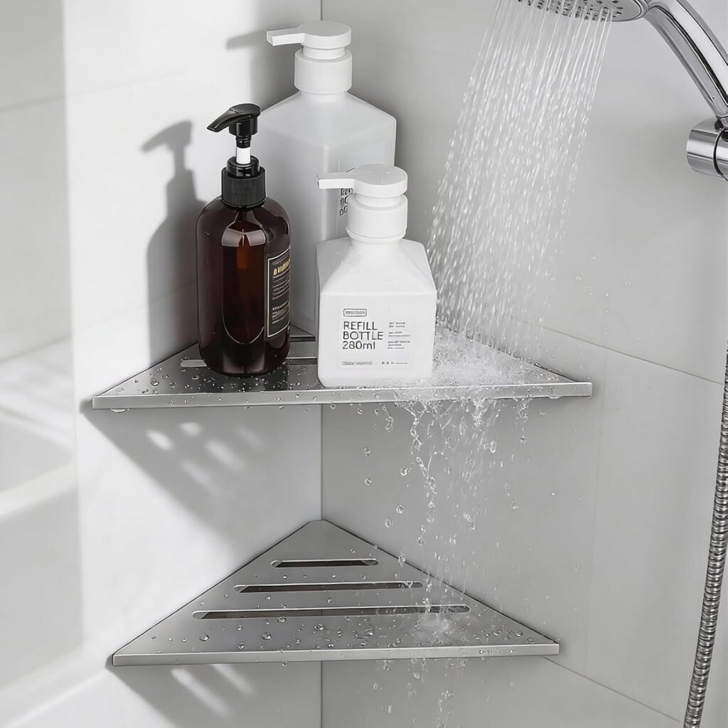 Douchemand hoekmodel RVS geborsteld – wandrek voor shampoo en zeep – badkamer opbergmand zonder boren