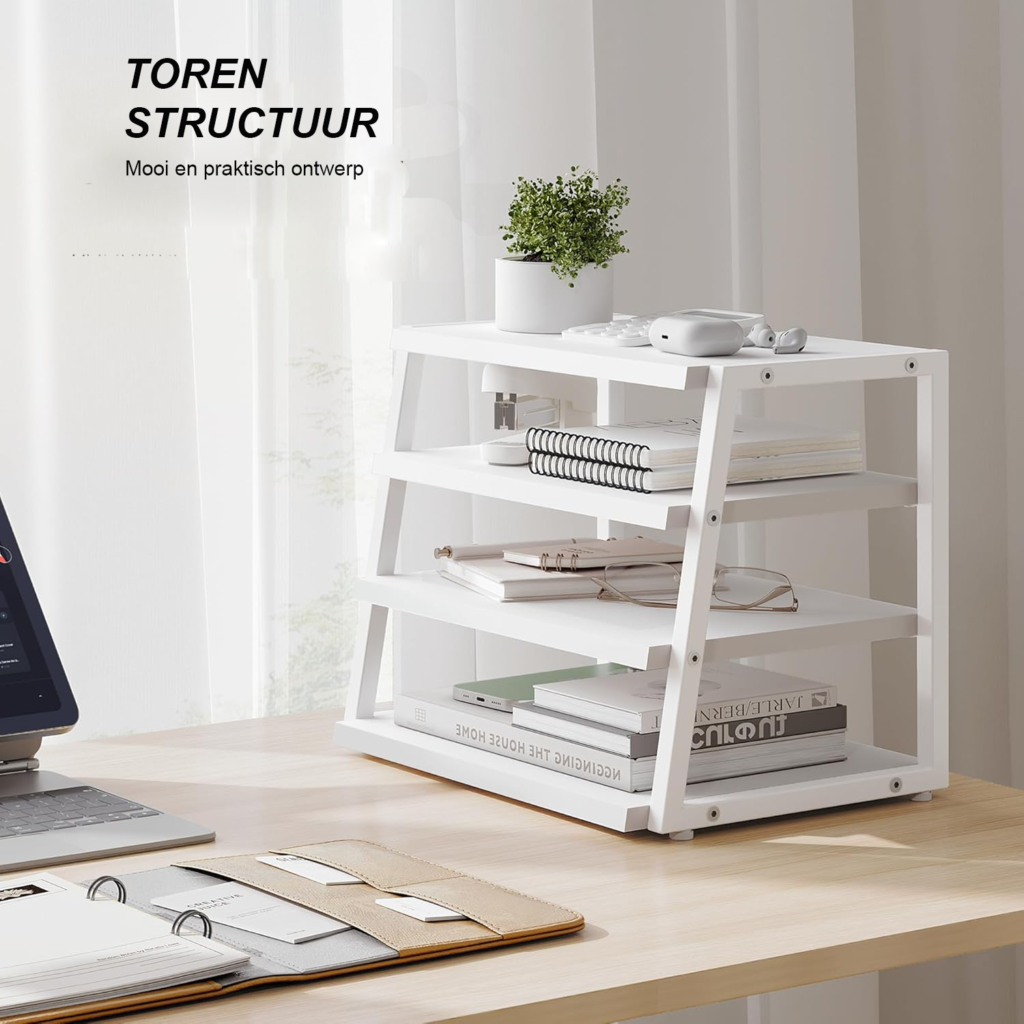 Bureau organizer 4 laags van hout en metaal in wit voor documenten, kantoorbenodigdheden en bureauopslag